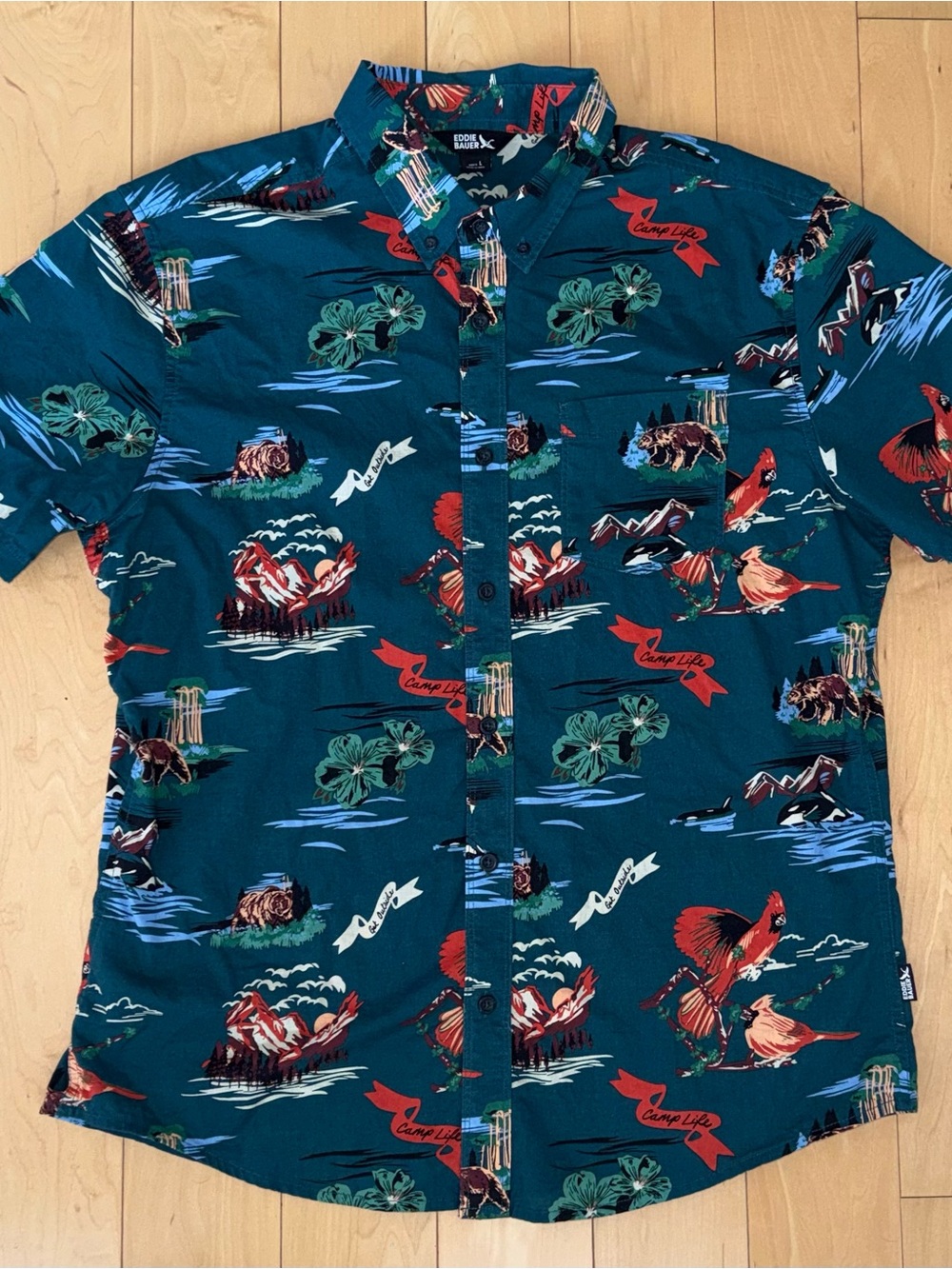 Eddie Bauer Teal Short-Sleeve Tropical Print Button-Down Shirt